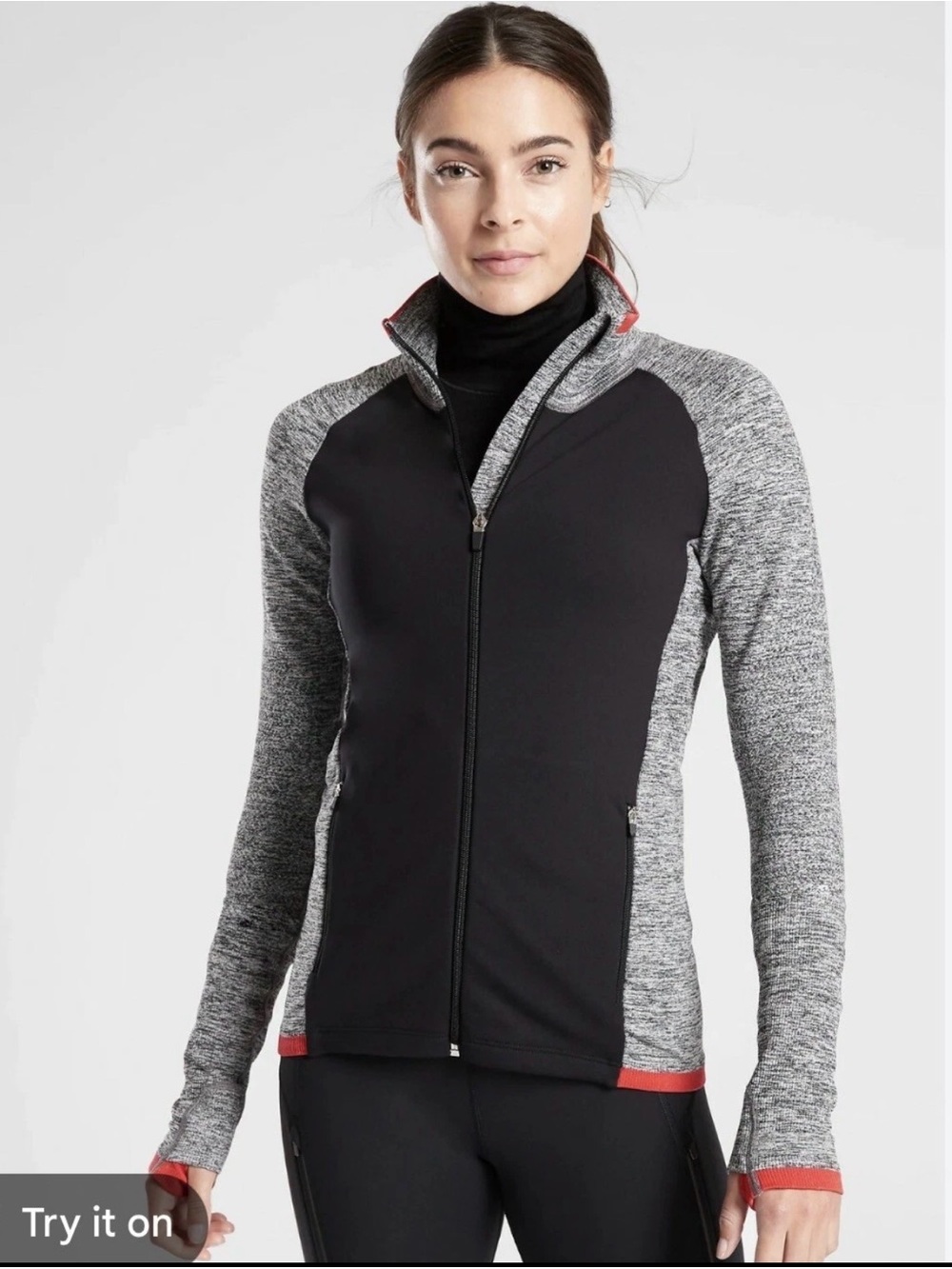 Athleta Heather Andes Hybrid Gray navy blue Zip-Up Jacket with Red Trim Sz XS